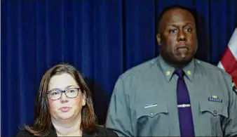 ?? Will Waldron / Times Union ?? Rensselaer County District Attorney Mary Pat Donnelly and State Police Maj. R. Christophe­r West on Tuesday discuss the June 9 killing of Nathaniel M. Miller, 19.
