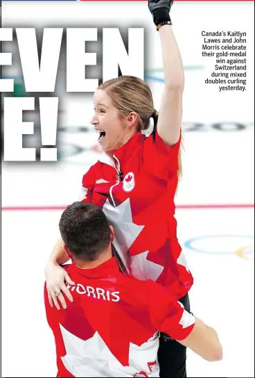  ??  ?? Canada’s Kaitlyn Lawes and John Morris celebrate their gold-medal win against Switzerlan­d during mixed doubles curling yesterday.