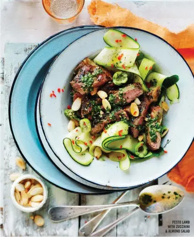  ??  ?? PESTO LAMB WITH ZUCCHINI & ALMOND SALAD