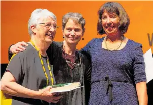  ??  ?? Dame Fiona Kidman with Penguin Random House’s Harriet Allen and the Acorn Foundation’s Margot McCool at the Ockham New Zealand Book Awards.