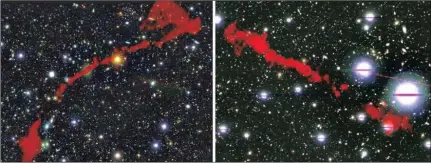  ?? Picture: Dr Ian Heywood (Oxford/rhodes/sarao) ?? The two giant radio galaxies found with the MEERKAT telescope. In the background is the sky as seen in optical light. Overlaid in red is the radio light from the enormous radio galaxies, as seen by MEERKAT.