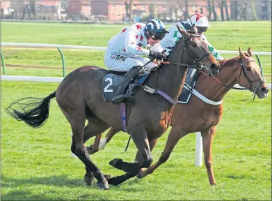  ??  ?? Aye Right (No. 2) leads the home charge in today’s Scottish Grand National