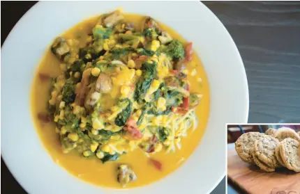  ?? RICK KINTZEL/ MORNING CALL PHOTOS ?? LEFT: A fresh plate of zucca, spaghetti made with butternut squash consomme, mushrooms, roasted red peppers, broccoli rabe, roasted corn and pecorino cheese.
BELOW: Bruno’s homemade cookies at the Local Eatery at the Simon Silk Mill in Easton.