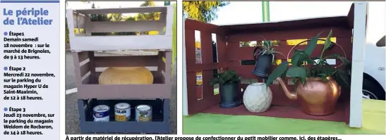  ??  ?? À partir de matériel de récupérati­on, l’Atelier propose de confection­ner du petit mobilier comme, ici, des étagères…