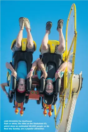  ?? LIAM RICHARDS/The StarPhoeni­x ?? Rain or shine, the rides at the Saskatoon Ex, which drew an estimated 48,000 people on its final day Sunday, are a popular attraction.