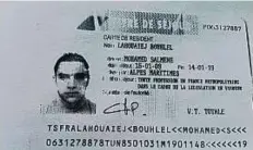  ?? AFP ?? This French police image shows a reproducti­on of the residence permit of Mohammad Lahouaiej Bouhlel.