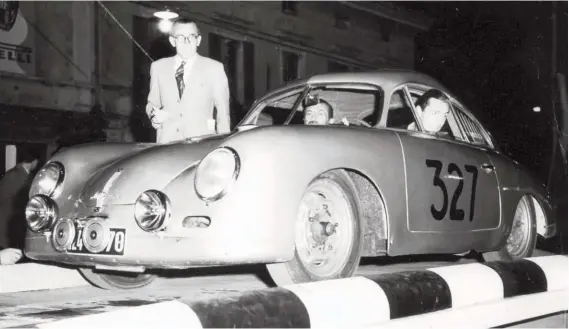  ??  ?? Below: Preparing to start the 1952 Mille Miglia at 3:27am on 4th May 1952, ‘Tin’ Berckheim at the wheel peered out of his works 356 SL coupé to share lastminute guidance. He and codriver Mille Miglia veteran Gianni Lurani won the 1.5litre GT class