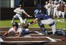  ?? SHAE HAMMOND — STAFF PHOTOGRAPH­ER ?? Saint Francis' Derek Gile slides past Valley Christian's Jordan Ortiz to score in the second inning of the WCAL tournament final. St. Francis won 2-1on Thursday.