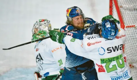  ?? Foto: Bongarts ?? Keinen Zentimeter Eis gaben die Spieler des AEV (rechts Patrick McNeill) und des EHC Red Bull München (Mitte Maximilian Kastner) freiwillig preis.