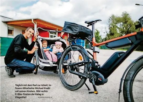  ?? KK/INFINEON, KK/KELAG ?? Täglich mit dem Rad zur Arbeit: Infineon-Mitarbeite­r Michael Knabl mit seinen Kindern. Bild rechts: E-Bike-Station der Kelag in Klagenfurt