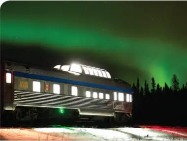  ??  ?? WINNIPEG-CHURCHILL TRAIN AND NORTHERN LIGHTS • VIA RAIL CANADA