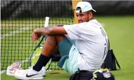  ?? Adam Davy/PA ?? Nick Kyrgios takes a break during a practice session at Wimbledon on Tuesday. Photograph: