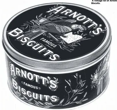  ??  ?? A vintage tin of Arnott's Biscuits.