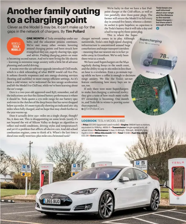  ??  ?? Tesla keeps you well informed about your range and the distance to the nearest Supercharg­ers – but there aren’t enough of them