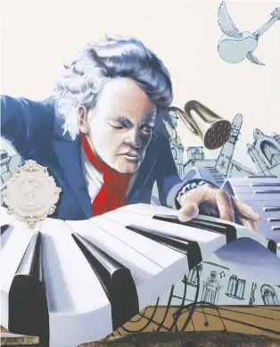  ?? ANDREAS RENTZ/GETTY IMAGES ?? A mural on a house in Germany shows the famously deaf German pianist and composer Ludwig van Beethoven.