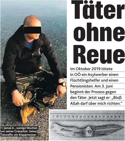  ??  ?? Jamal A., wenige Wochen vor seiner Gräueltat. Seine Tatwaffe: ein Klappmesse­r.