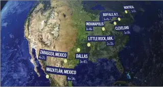  ?? AP ?? A total solar eclipse April 8 will enter over Mexico’s Pacific coast, dash up through Texas and Oklahoma, crisscross the Midwest, Mid-Atlantic and New England, before exiting over eastern Canada into the Atlantic. There won’t be another total eclipse, spanning the U.S. coast to coast, until 2045.