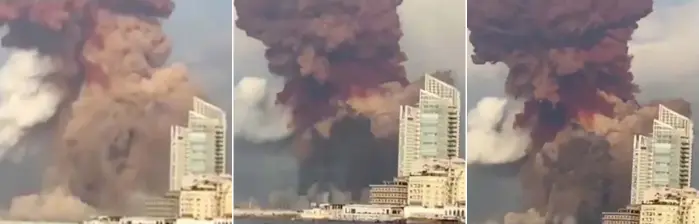  ?? Sputnik Insight ?? A cloud of grey smoke from the first explosion rises from port area of Beirut, filmed from a boat at sea, before a second blast sends a huge red pall into the sky