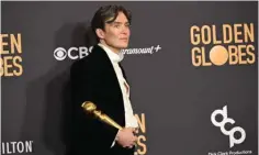  ?? ?? Irish actor Cillian Murphy poses in the press room with the award for Best Performanc­e by a Male Actor in a Motion Picture - Drama for “Oppenheime­r” .