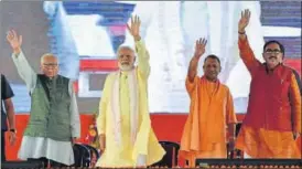  ?? MD MUQEED/HTPHOTO ?? ▪ PM Narendra Modi, governor Ram Naik, chief minister Yogi Adityanath and state BJP chief Mahendra Nath Pandey at the launch of developmen­t schemes worth Rs 937 crore in Varanasi.