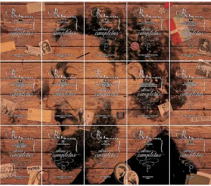  ??  ?? Las portadas de los 15 tomos de las Obras completas de Betances al juntarlas forman una mesa de investigac­ión, donde resalta el rostro de un joven Ramón Emeterio Betances.