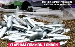  ??  ?? Tell-tale sign: Nitrous oxide canisters among the litter CLAPHAM COMMON, LONDON