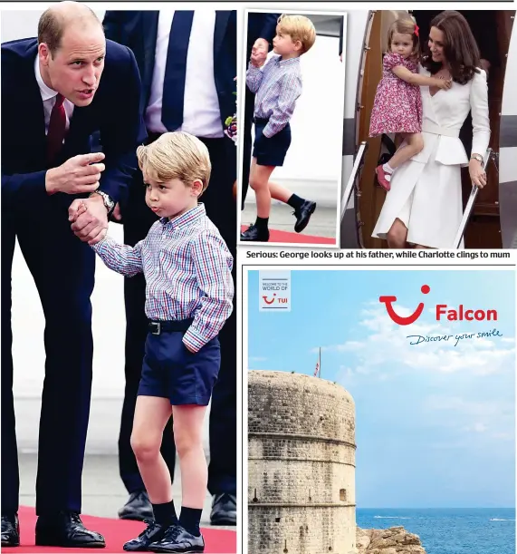  ??  ?? Pep talk: Prince William gives George a talking-to Serious: George looks up at his father, while Charlotte clings to mum