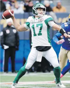  ?? JOHN WOODS/THE CANADIAN PRESS ?? Quarterbac­k Zach Collaros and the Roughrider­s offence had a miserable outing Saturday in Winnipeg as the Blue Bombers romped to a 31-0 decision.