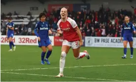  ?? Photograph: Paul Childs/Action Images/Reuters ?? Arsenal's Beth Mead celebrates scoring their third goal against West Ham.