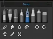  ??  ?? Tools, from left to right: Blend, Smudge, Water, Dry Undo/Redo, Blow, Color Picker and Transform. This menu contains different options for each panel. You can hide all Panels by pressing Tab. Brushes, from left to right: Watercolor, Acrylic, Pastel,...