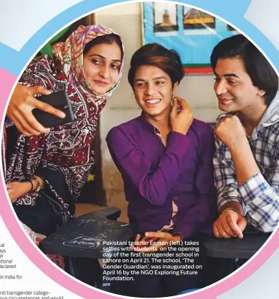  ?? AFP ?? Pakistani teacher Eeman (left) takes selfies with students on the opening day of the first transgende­r school in Lahore on April 21. The school, ‘The Gender Guardian’, was inaugurate­d on April 16 by the NGO Exploring Future Foundation.