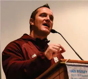  ?? (Photo by Logan Kirkland, SDN) ?? Mississipp­i State baseball coach Andy Cannizaro was the guest speaker at Monday’s Rotary Club meeting.