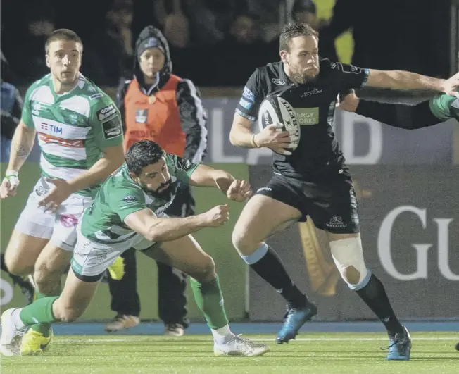  ??  ?? 2 Ruaridh Jackson attempts to make a break against Benetton at Scotstoun last month. The full-back has played in all six of Glasgow’s Guinness Pro14 victories this season since returning to the club from Harlequins in the summer.