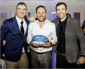  ?? PHOTO: SUPPLIED ?? Power player . . . Former North Otago rugby player turned agent Simon Porter (centre) with former All Blacks Stephen Donald (left) and Conrad Smith.