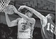  ?? AP/RAINIER EHRHARDT ?? North Carolina center Kennedy Meeks (3) leads the Tar Heels with 9.0 rebounds per game.