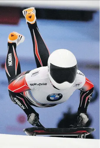  ?? PHOTOS: ROMAN KOKSAROV/THE ASSOCIATED PRESS ?? Elisabeth Maier was second as Canada placed two women’s skeleton racers in the top four during a World Cup event Sunday in Sigulda, Latvia. Jane Channell was fourth.