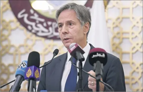  ?? OLIVIER DOULIERY/POOL PHOTO VIA AP ?? Secretary of State Antony Blinken, speaks during a joint press conference with Secretary of Defense Lloyd Austin, Qatari Deputy Prime Minister and Foreign Minister Mohammed bin Abdulrahma­n al-Thani, and Qatari Defense Minister Khalid Bin Mohammed Al-Attiyah, at the Ministry of Foreign Affairs in Doha, Qatar, Sept. 7.