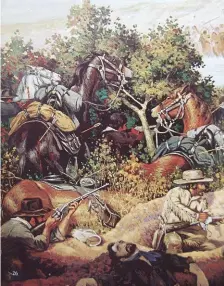  ??  ?? ABOVE: A portion of the painting by Robert Lindneux showing soldiers armed with Spencer rifles at the Battle of Beecher’s Island.