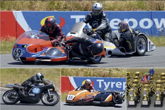  ??  ?? TOP Max Hooper leads Lindsay Donai in one of their Post Classic Sidecar encounters. ABOVE LEFT Greg Watkins took out the Classic 350cc title on his Manx Norton. ABOVE CENTRE Forgotten Era Sidecar winners Stephen Jones/David Jones on their Suzuki. ABOVE...