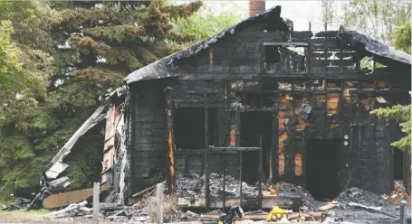  ?? JULIA PETERSON ?? RCMP found a body they believed to be Justin Heimbecker in this burned house on Friday. Heimbecker was the subject of a dangerous person alert in Langham earlier that day.