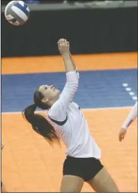  ??  ?? BEING GREEN: Southweste­rn Oklahoma’s Jill Green returns the ball against Southern Arkansas during the Great American Conference championsh­ip match Saturday at Bank of the Ozarks Arena. Freshman Green had 16 kills, leading the Bulldogs to a 25-20,...