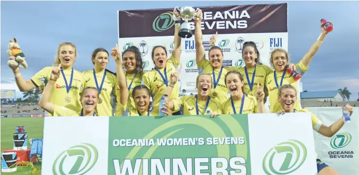  ?? The Australian women’s rugby 7s team after beating the Telecom Fijiana in the final yesterday. Photo: Jone Luvenitoga ??