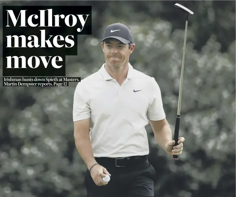  ??  ?? Northern Ireland’s Rory Mcilroy reacts after a birdie on the 14th hole during the second round of the Masters. His round of 71 drew him level with overnight leader Jordan Spieth on four-under par.