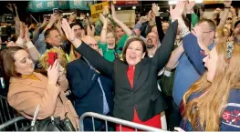  ?? — AP ?? Sinn Fein leader Mary Lou McDonald celebrates with supporters after topping the poll, at the RDS count centre in Dublin, Ireland.