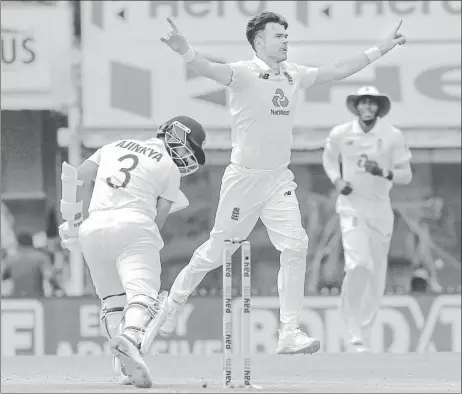  ?? BCCI ?? England's James Anderson celebrates the wicket of India's Ajinkya Rahane during the fifth day of the first Test in Chennai on Tuesday.