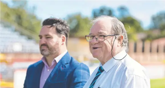  ??  ?? UNCERTAIN TIMES: Western Mustangs chairman Frank Martin (front) said the recent coronaviru­s saga could impact the Mustangs ISC bid for 2021. Picture: Kevin Farmer