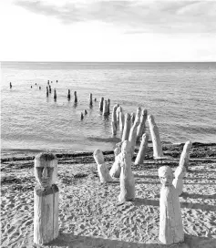  ??  ?? The figures in “Le Grand Rassemblem­ent,” an art installati­on by Marcel Gagnon, seem to amble out of the St. Lawrence River. — WP-Bloomberg photos