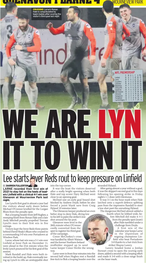  ??  ?? CRUISING Larne’s Ronan Hale is congratula­ted by team-mates after scoring the visitor’s third goal last night