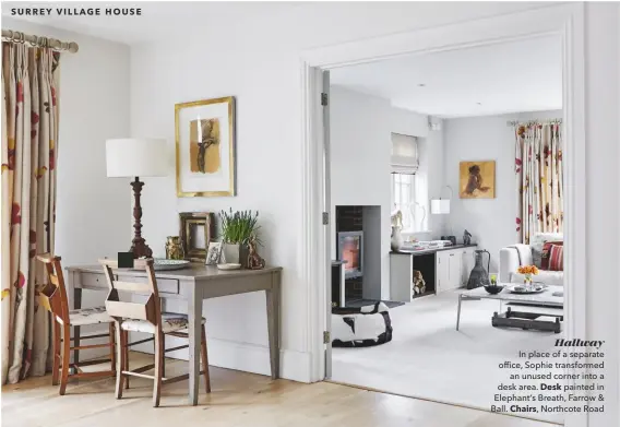  ??  ?? Hallway In place of a separate office, Sophie transforme­d an unused corner into a desk area. Desk painted in Elephant’s Breath, Farrow & Ball. Chairs, Northcote Road