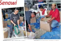  ??  ?? PEKERJA Putra Bone Enterprise sedang melakukan proses pembungkus­an produk makanan kering yang sudah dimasukkan ke dalam kotak mengikut jumlah permintaan pelanggan. SENAWI (kanan) bersama pekerjanya sedang memasukkan ikan bilis kering ke dalam kotak untuk memudahkan proses penghantar­an ke alamat pelanggan beliau.